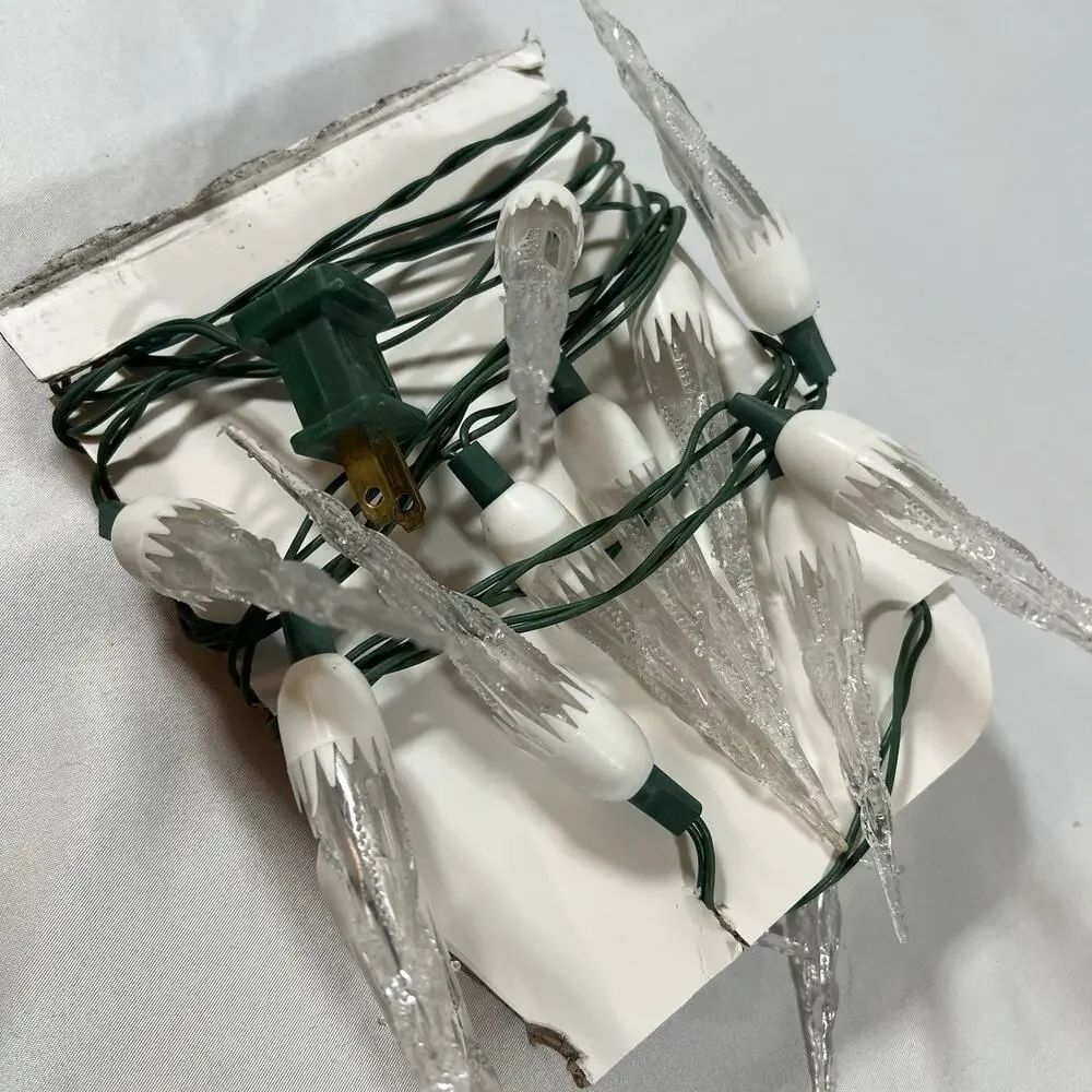 Vintage White Clear Icicle Christmas String Lights Set of 20 Green Wire Cord